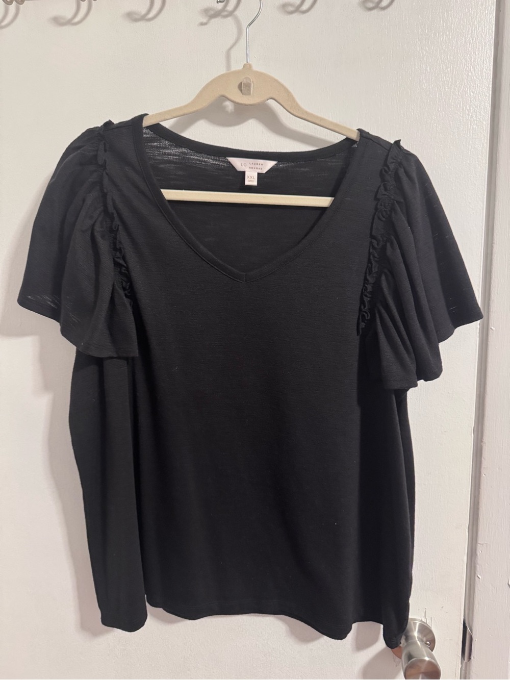 LC Lauren Conrad Black V-Neck Ruffle Sleeve Tee